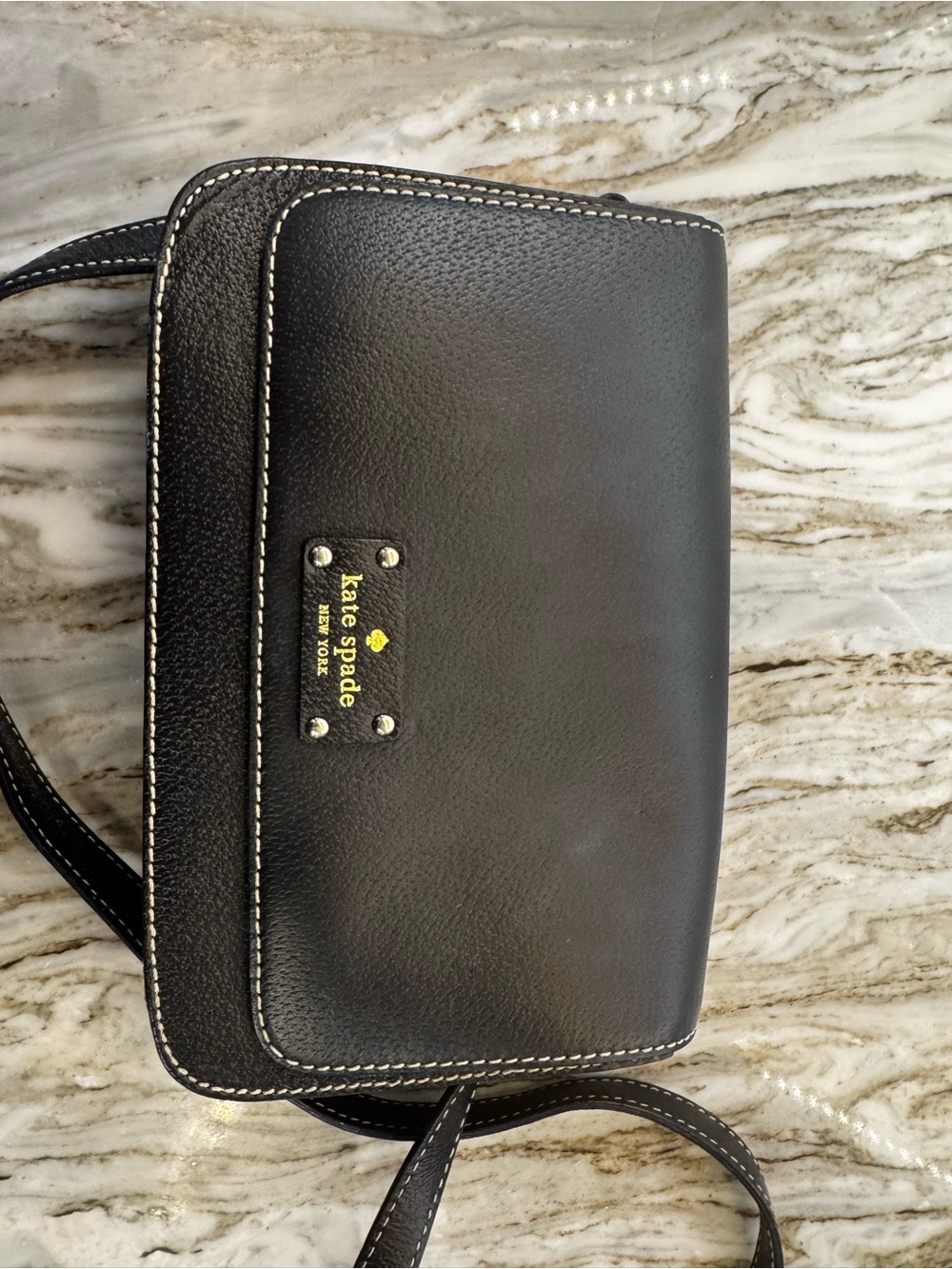 kate spade Black Leather Crossbody with White Topstitching